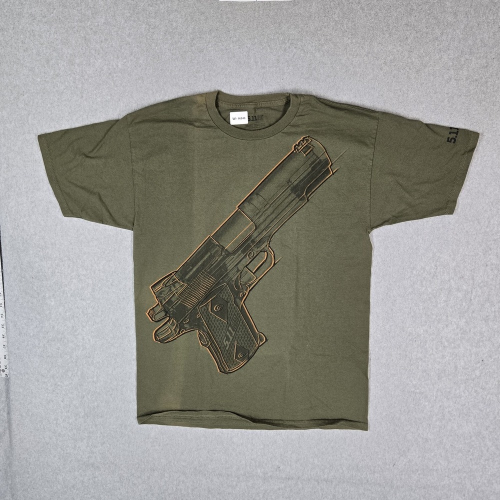 5.11 Men Shirt L Green Graphic Gun Grunge Logo Short Sleeve Print READ